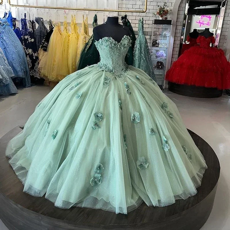 ANGELSBRIDEP-vestidos de quinceañera verde salvia para 15 años, vestidos de baile de flores en 3D con hombros descubiertos, vestidos largos de fiesta personalizados