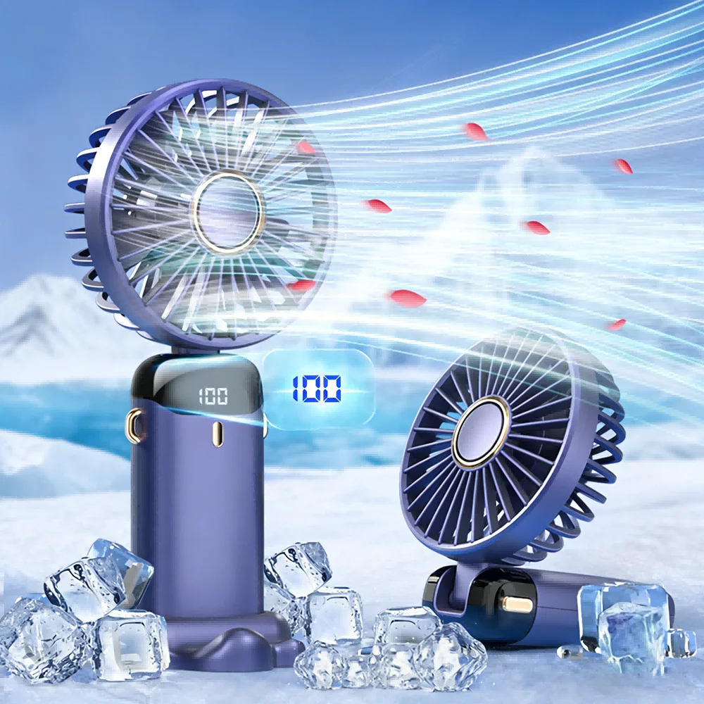 

Портативный ручной вентилятор для шеи, 5 скоростей, LED-дисплей, перезаряжаемый, 1200 мАч, складной на 90° ° Подставка для телефона, мини-вентилятор USB для путешествий