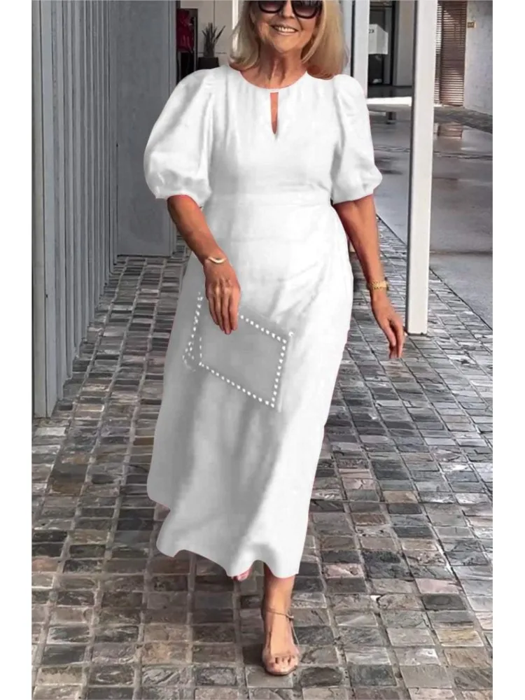 Casual Solid Color Cotton linen Puff Sleeve Long Dress For Women Summer Loose O Neck Elegant Party Dresses Ensemble Femme