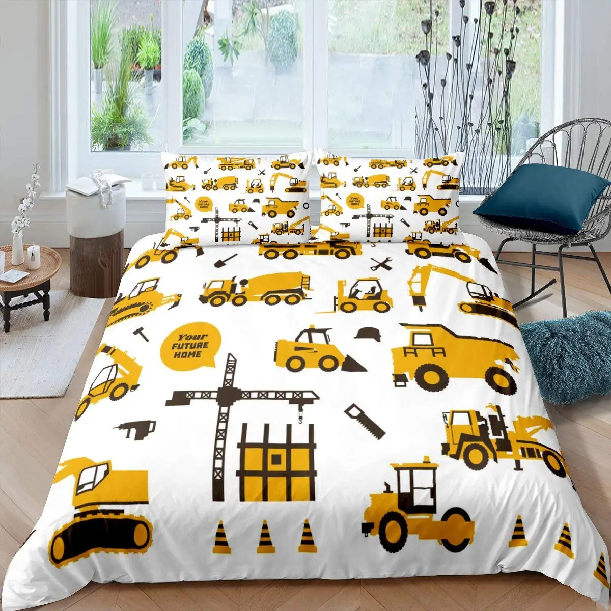 Construction Vehicles Boys Excavator Duvet Cover Yellow Tractor Truck Bedding Set for Teens Child Old Retro Car Theme Room Decor