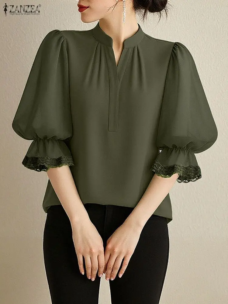 

ZANZEA Elegant Chic Women Blouses Lace Trim 3/4 Lantern Sleeve V-Neck Solid Color Pullover Tops Autumn Fashion Woman Clothes 3XL