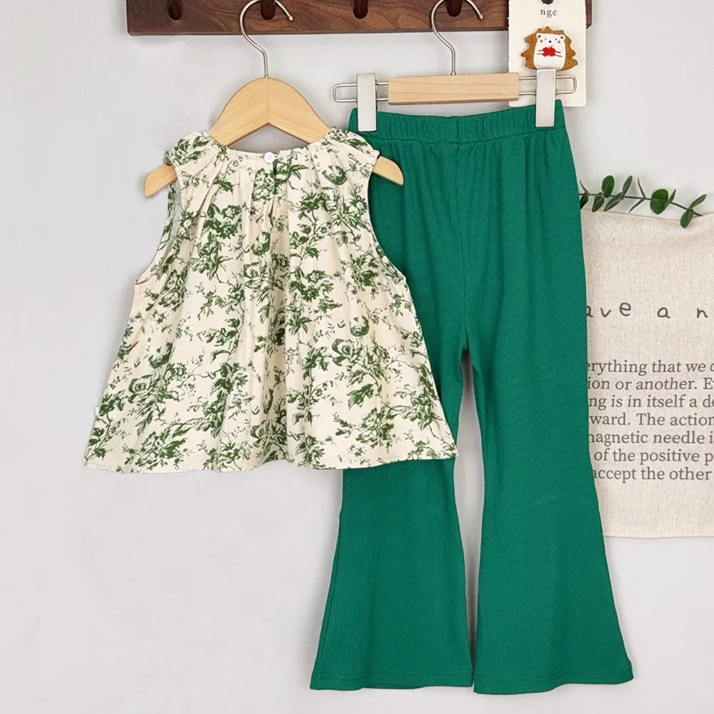 Summer New Green Casual Suit Printed Sleeveless Vest+flared Pants Two-piece Set Korean Version