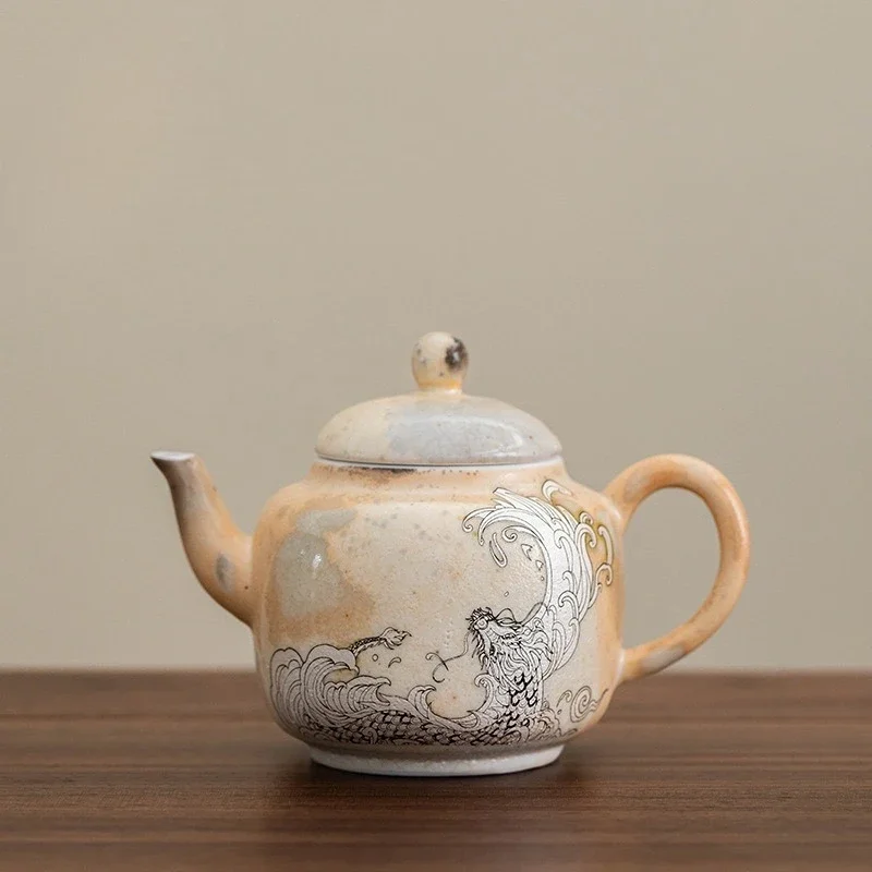 

Soda Braised Silver Dragon Teapot Retro Ceramic Imitation Firewood Braised Teapot KungFu TeaSet Kiln Change TeaBrewer Cover Bowl