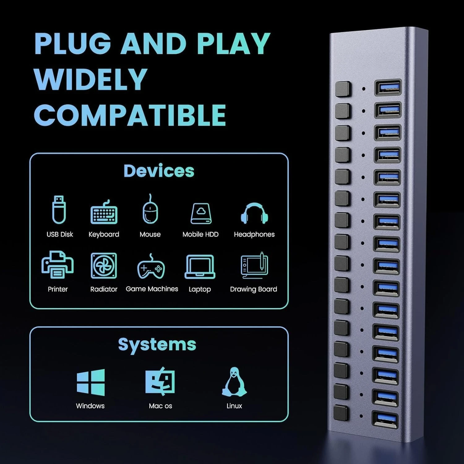 محور USB يعمل بالطاقة 90 وات - 16 منفذ بيانات USB 3.0، غلاف من الألومنيوم، مفاتيح تشغيل/إيقاف فردية، شعبية جديدة