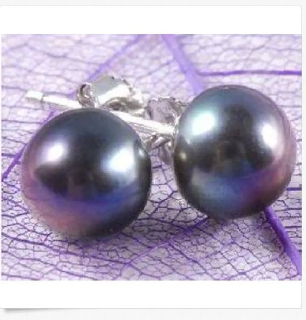 

charming 9-10mm tahitian round black red pearl earring 925s