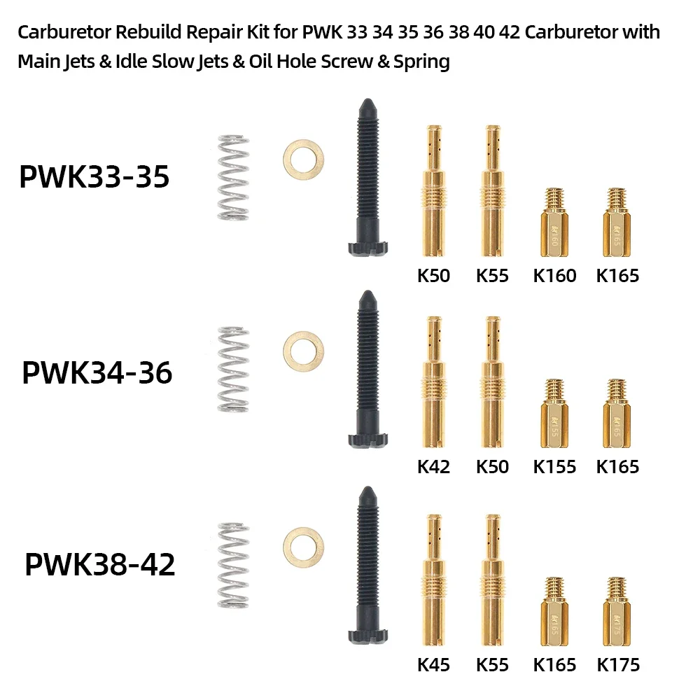 Carburetor Rebuild Repair Kit for PWK 33 34 35 36 38 40 42 Carburetor with Main Jets & Idle Slow Jets & Oil Hole Screw & Spring