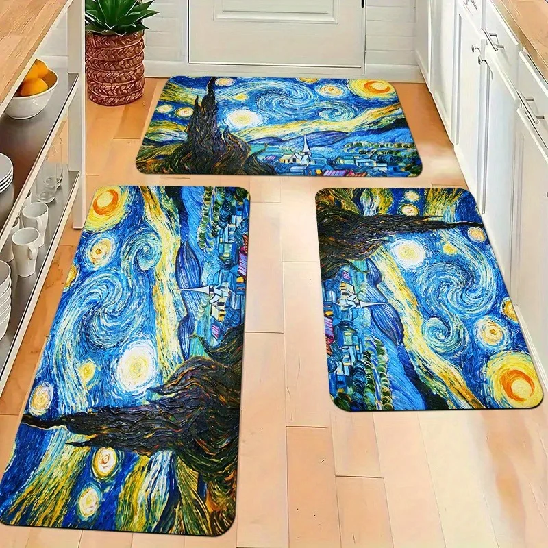

1PC Van Gogh painting Kitchen Rugs Non-Slip Door Mats Pop design Living room Rugs Bath Mat Carpet for Home Sink Laundry Decor