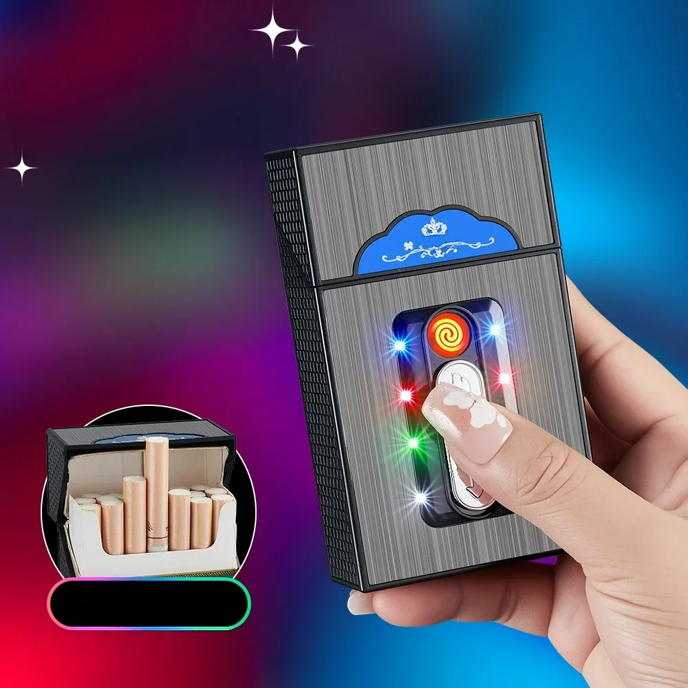 New 20 Pack Integrated Cigarette Box Windproof Tungsten Wire Ignition LED Light USB Color Light Charging Cigarette Box Lighter