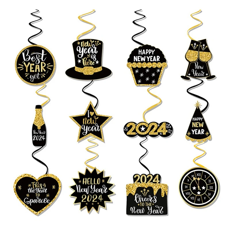 2024 New Year Spiral Hanging Decoration Happy New Year Black Gold Party Decoration European And American Pendants