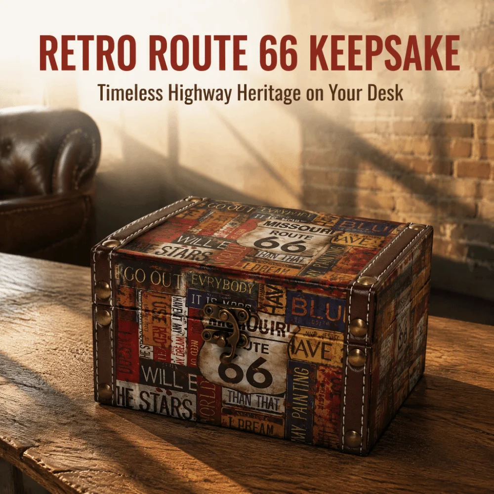 Elegant Wooden Storage Box Leather Rectangle Route 66 Storage Box Trinket Box Home Office