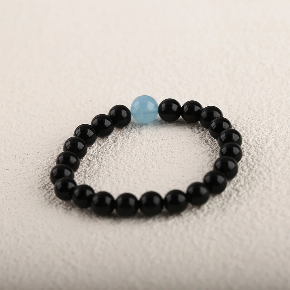 Natural Stone Aquamarine Obsidian Bracelet Bohemian Women Handmade Elastic Rope Beaded Jewelry 18cm 13g