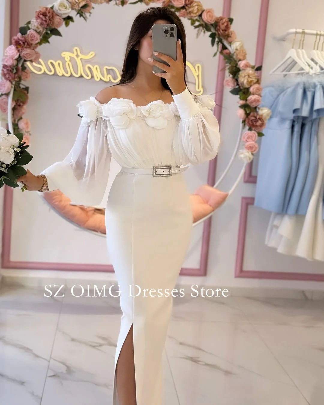 

OIMG 2024 New Summer Women's Maxi White Crepe Satin Prom Dress Customized Fashion Celebrity Off the Shoulder Party Dress