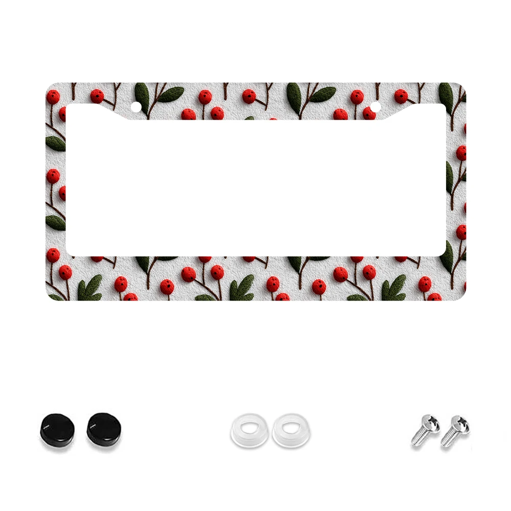 

1pc Red Berries Pattern 2-Hole License Plate Frame, White Background with Green Leaves, Aluminum Material, 6x12 Inches, Include