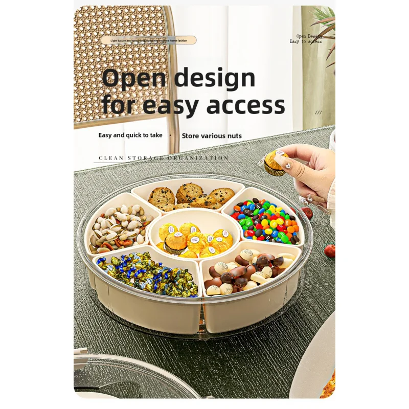 صينية فواكه دوارة بست نقاط بمقبض، صينية فواكه مجففة محكمة الغلق مقاومة للرطوبة، صندوق وجبات خفيفة دائري منزلي محمول مع لتر #4
