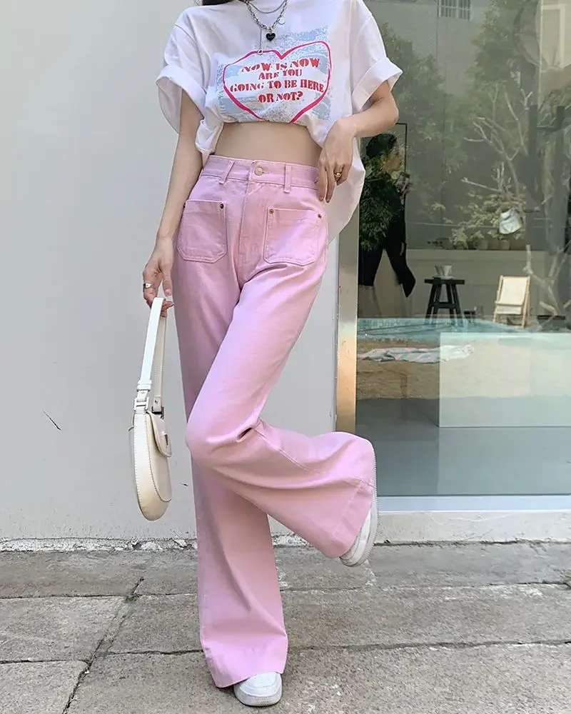 

With Pockets Pants for Woman Pink Women's Jeans High Waist Shot Flared Bell Bottom Straight Leg Flare Trousers 2000s Y2k Vibrant