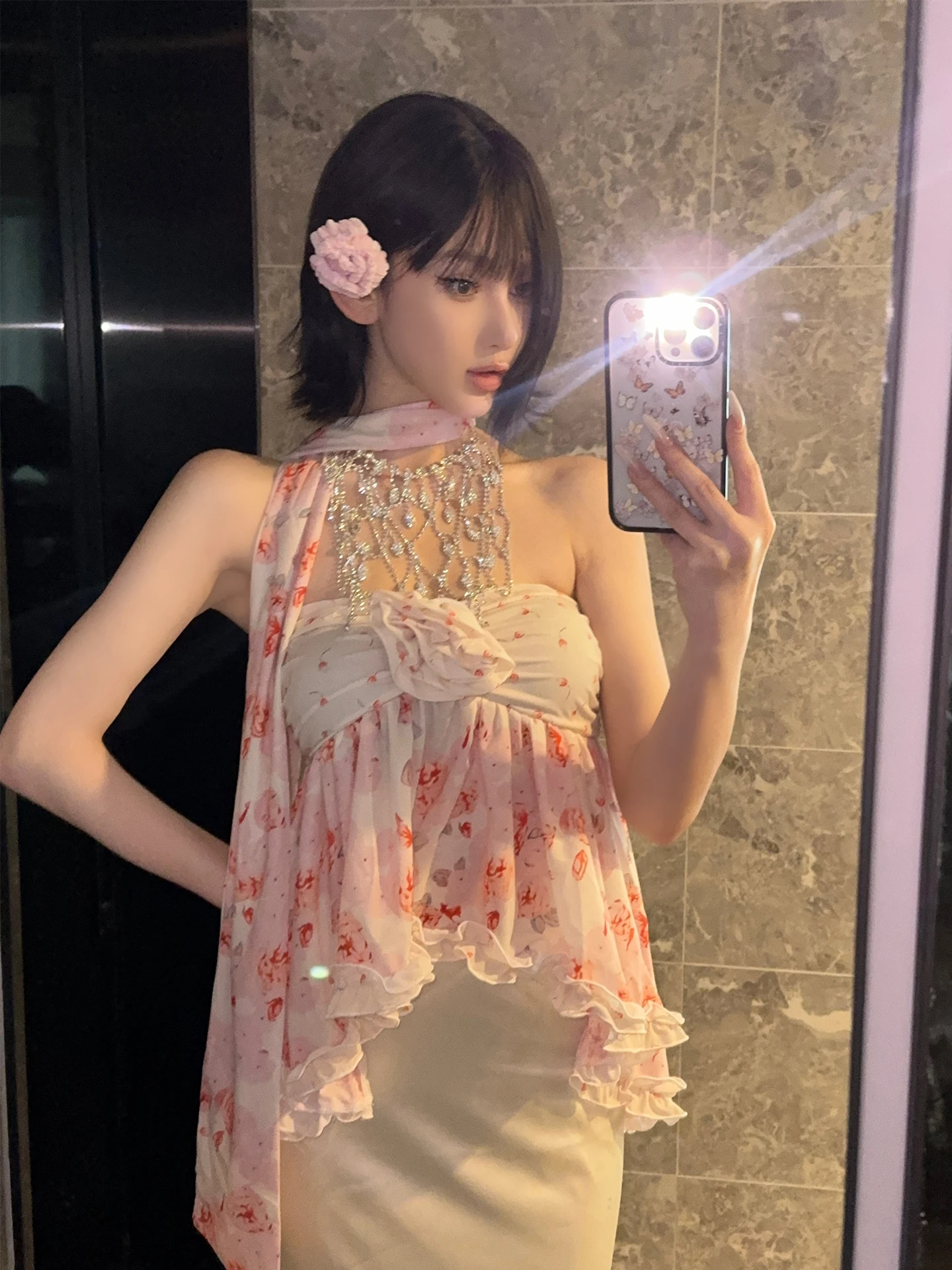 

ChiclyNana Sexy Printed Scarf Collar Asymmetrical Hem One oulder Tube Top Vest Faionable Bal Slim Fit ort Sle