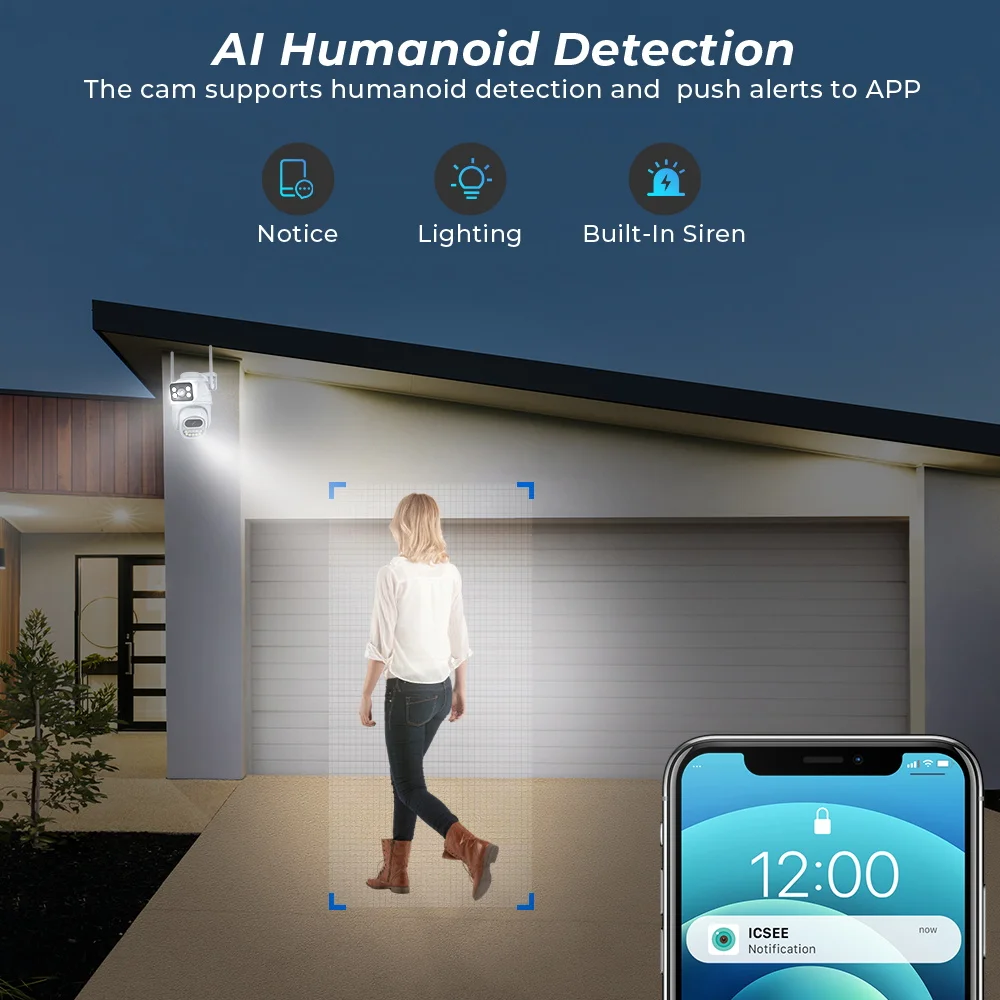 كاميرا مراقبة PTZ واي فاي ، شاشة بعدسة مزدوجة ، 4K ، 8mp ، HD ، لون ، رؤية ليلية ، مسار تلقائي ، CCTV ، كاميرا مراقبة ، تطبيق ICSEE