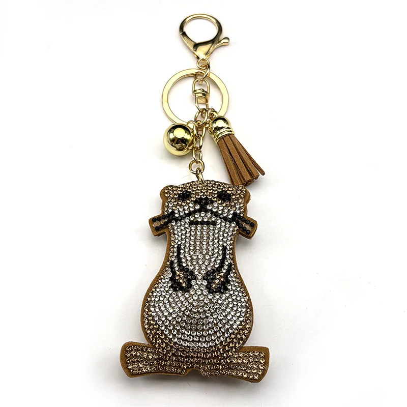 Cute Brown Groundhog Pendant Keyring Women Men Stainless Steel Rhinestone Kawaii Female Bag Decoration Keychain Jewelry Gifts