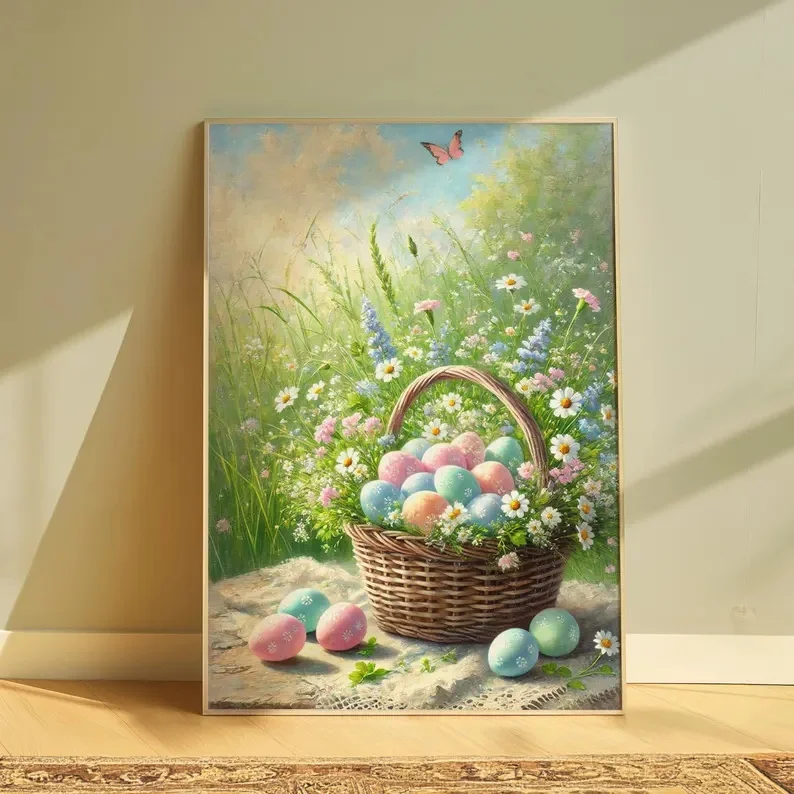

Easter Basket, Easter Clipart, Easter Eggs, Cute Easter Print Art Wall Art, Trendy Wall Art, Aesthetic Wall Art, Preppy Poster