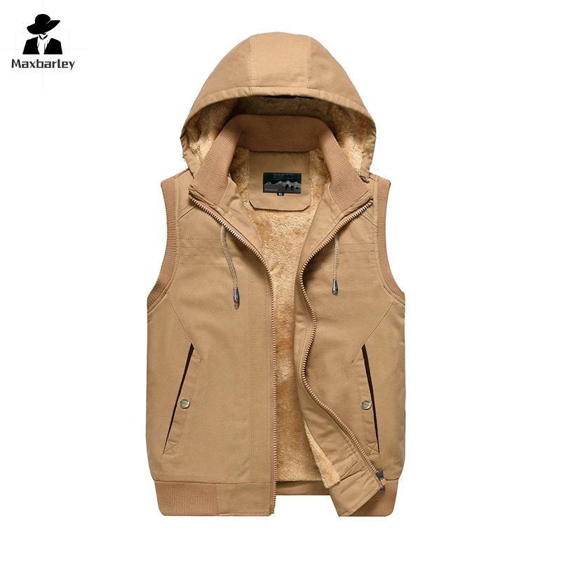 New Men's Sleeveless Vest Jacket Winter Fashion Fleece Thick Detachable Hooded Vest Coat Casual Outdoor Clothing Male Work Vest