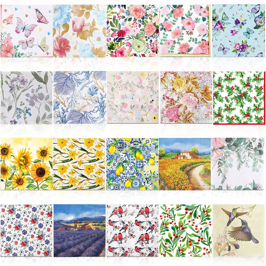 20 serviettes en papier jetables vintage à découper, motifs floraux, papillons, oiseaux, paysages végétaux, pour artisanat DIY et découpage