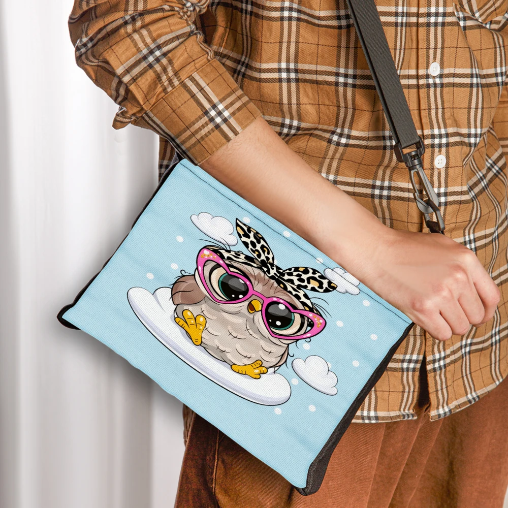 1pc Fashion Crossbody Bag Light Blue Cute Owl With Pink Sunglasses And Leopard Headband Print Shoulder Bags For Women Girls Scho