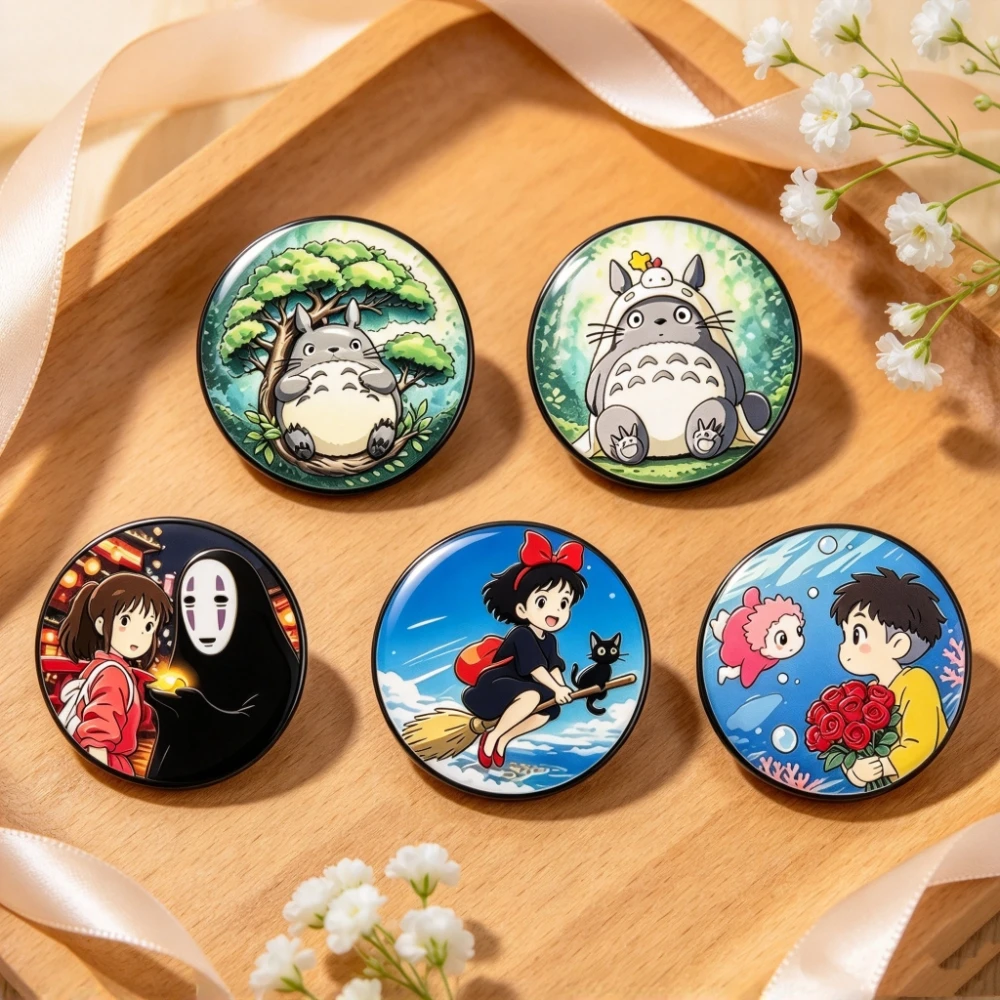 5Pcs Fantasy Forest Character Round Metal Brooch Set, Color Hand Drawn Art Pins, Collectible Decor Accessories
