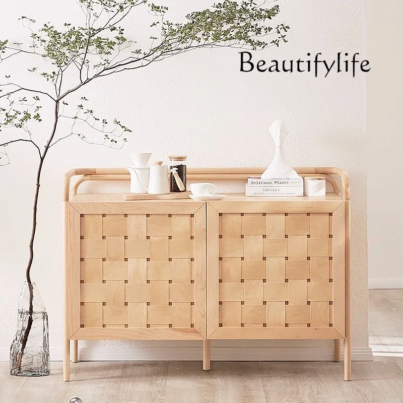 

1PCS Nordic simple solid wood braided rattan storage log color dining side cabinet Nordic style multi-functional storage