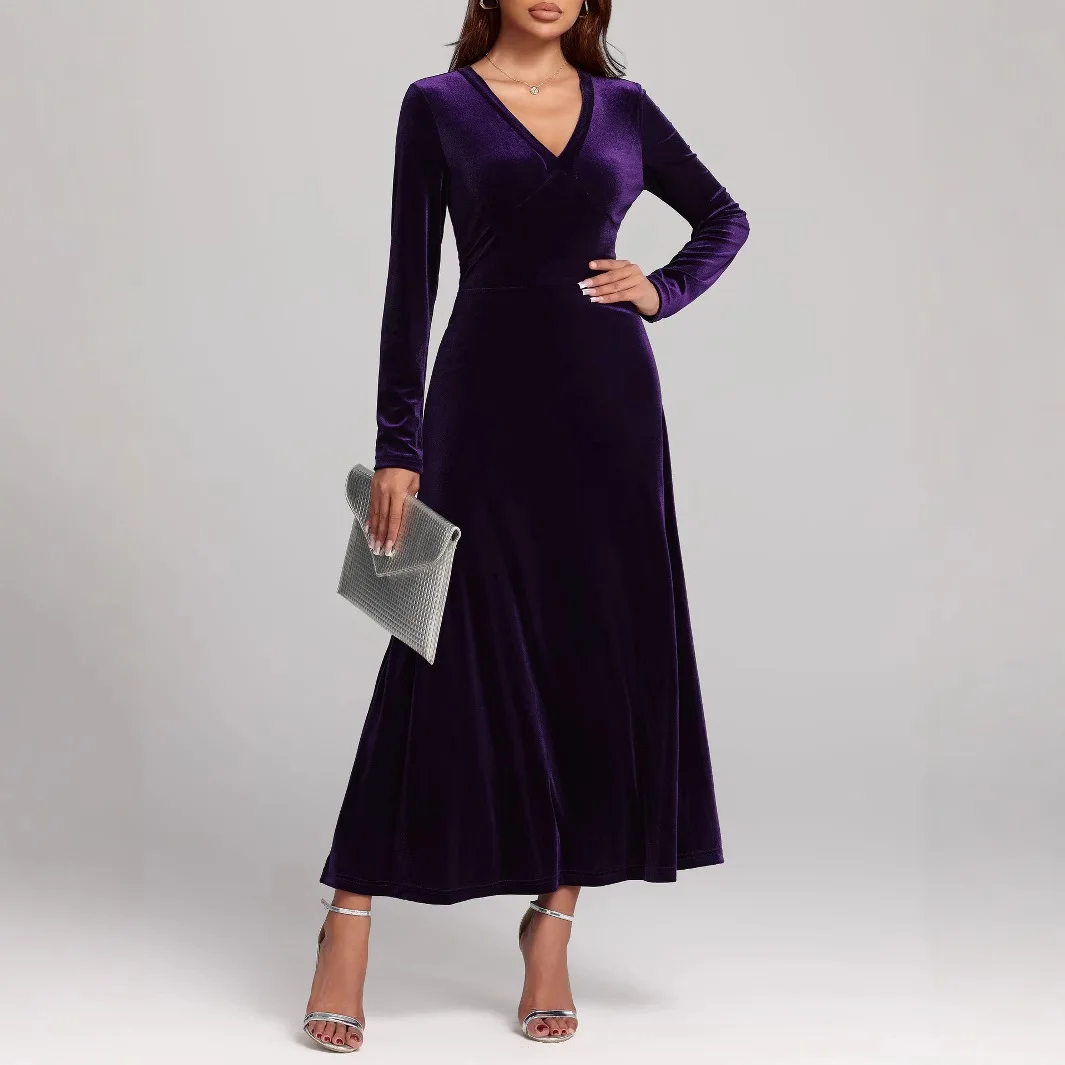 

Autumn/Winter Women's Fashion Maxi Dress Elegant Slim V Neck Long Sleeve Solid Color Velvet Dresses For Your Style Lady Vestidos