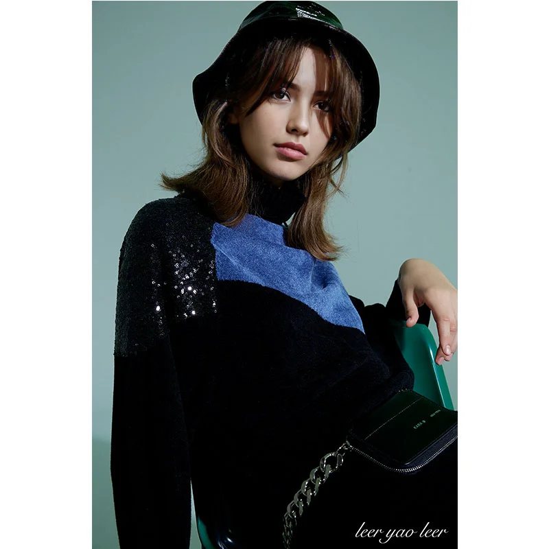 Women's Autumn High Street Fashion Thick Turtleneck Sweater Sequin-Decorated Patchwork Knitting Pullover All-match Sleeve