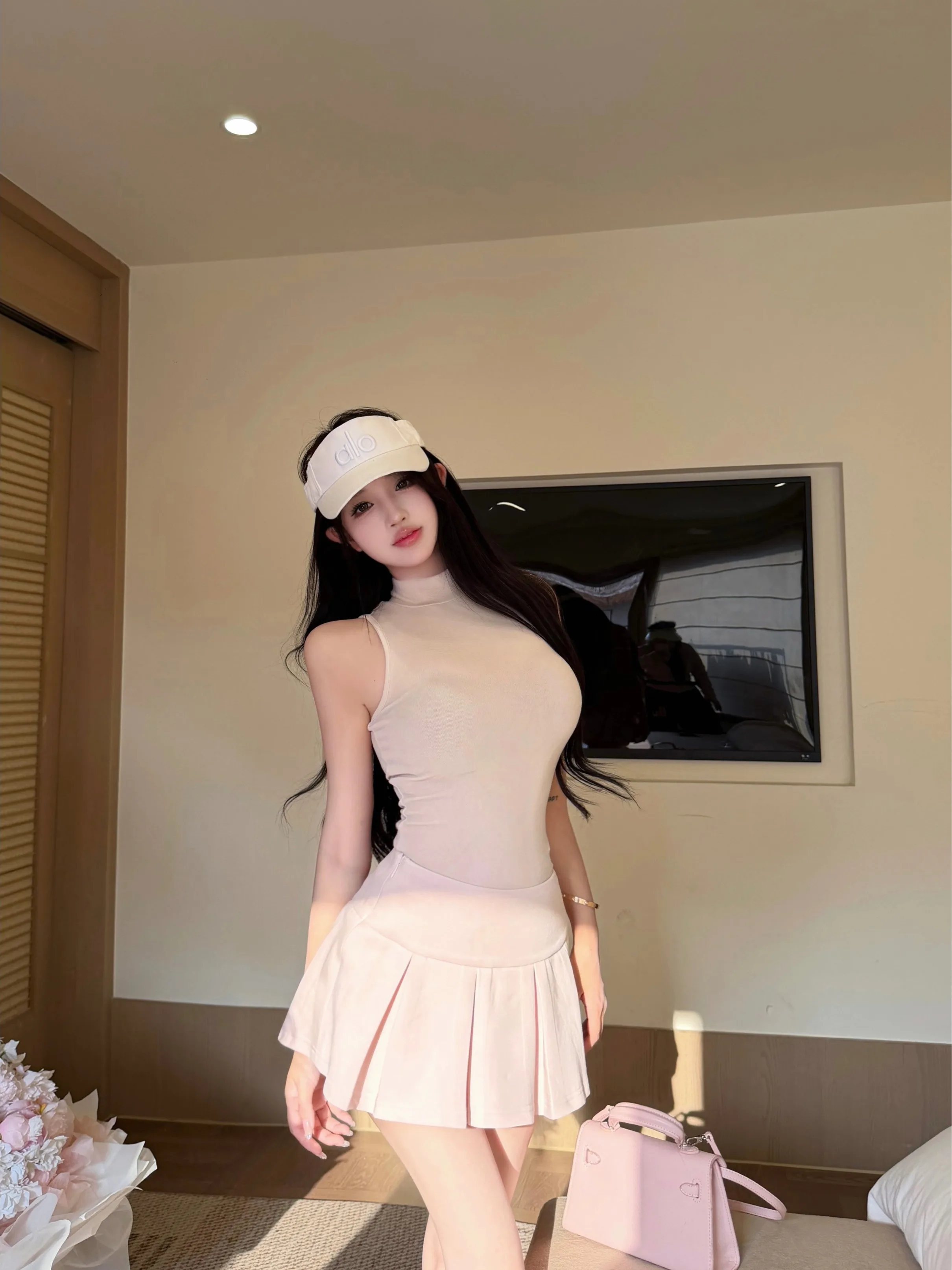 

Slim Fit Knitted Vest Top And A-Line Skirt Set High Collar Pure Color Casual Style Summer Fashion Women's Ensemble