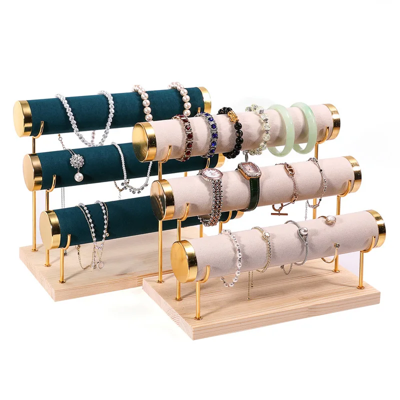ثلاث طبقات سوار عرض المجوهرات حامل الحديد المطاوع خطوة خشبية أسفل سوار ساعة عرض موقف مجوهرات الدعائم