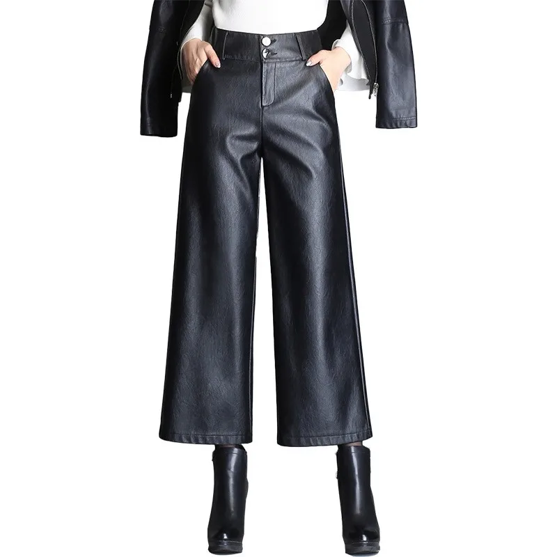 

Leather Pants Wide Leg Pants Women Autumn and Winter Cropped Pants High Waist Loose Straight PU Leather plus Size