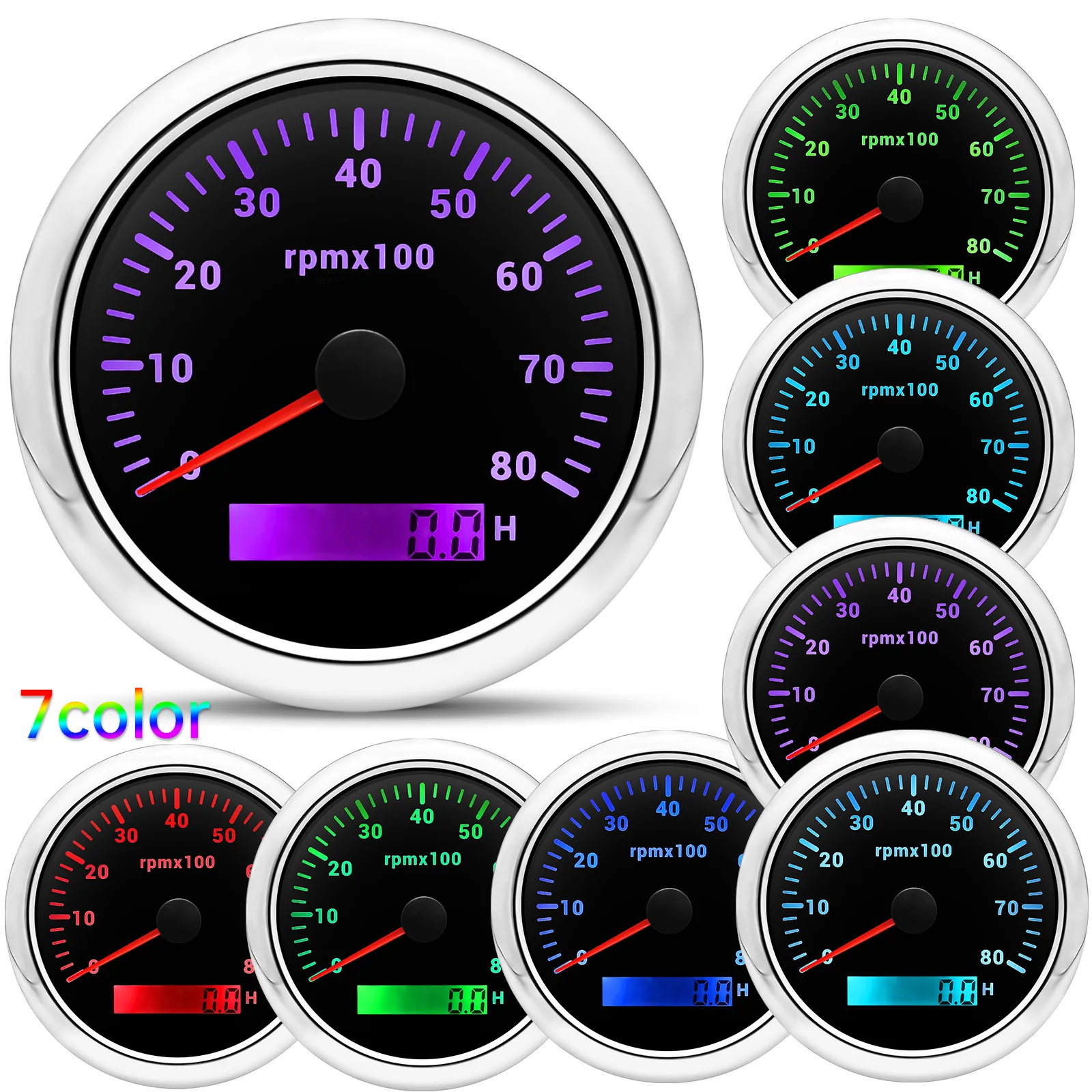 7-Farben-Hintergrundbeleuchtung 85mm Auto-Marine-Drehzahlmesser 3K 4K 6K 7K 8K 8000RPM Umdrehungszähler mit LCD-Betriebsstundenzähler 12V/24V – Detail 6