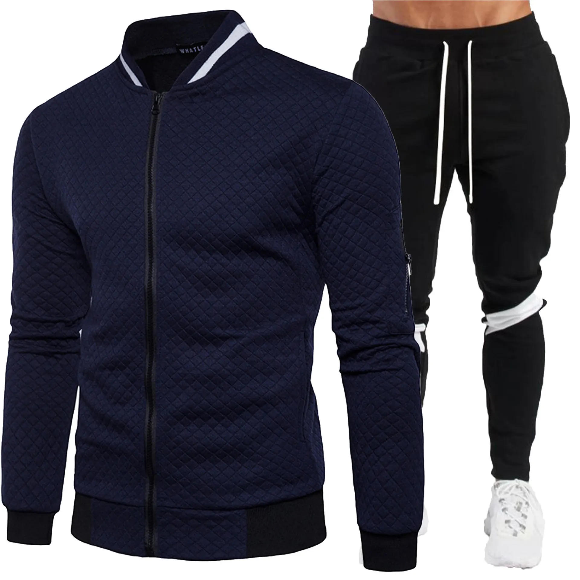 

Men's Spring Fashion Baseball Jacket with Zipper, Stand Collar, Hoodie Outerwear, Casual Cardigan Solid Color Set