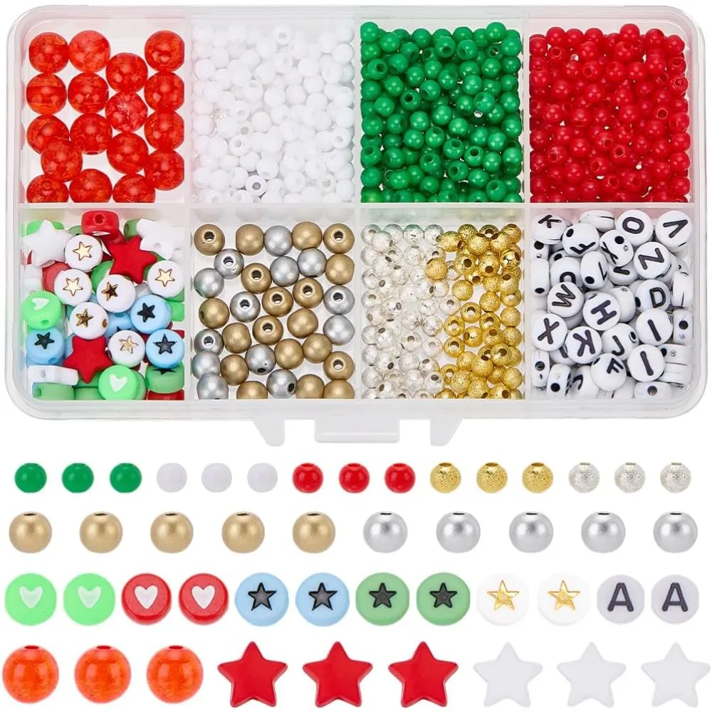 930pcs 16 Styles Christmas Acrylic Beads Kit Round Flat Star Opaque Plastic Holiday Theme Loose Spacer Bead Charms Bulk