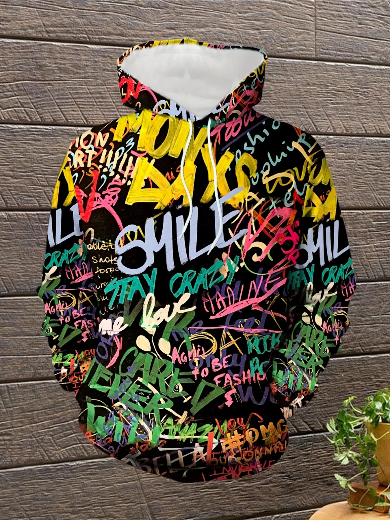 Mens Solid Black Hoodie Overlapping Hand Drawn Street Text Mixed Color Full Over Print Urban Daily Casual Sweat Top