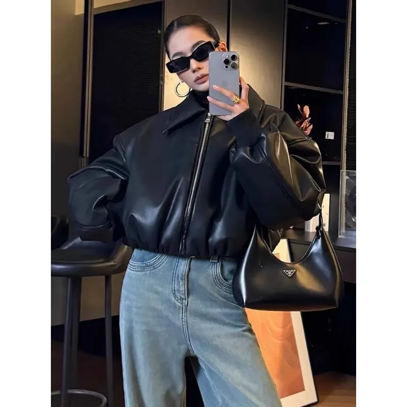 Vintage Lapel Zippers Spliced Leather Jacket Women Overtised Long Sleeve Double Pockets Coat Female 2024 Autumn Street Outerwear