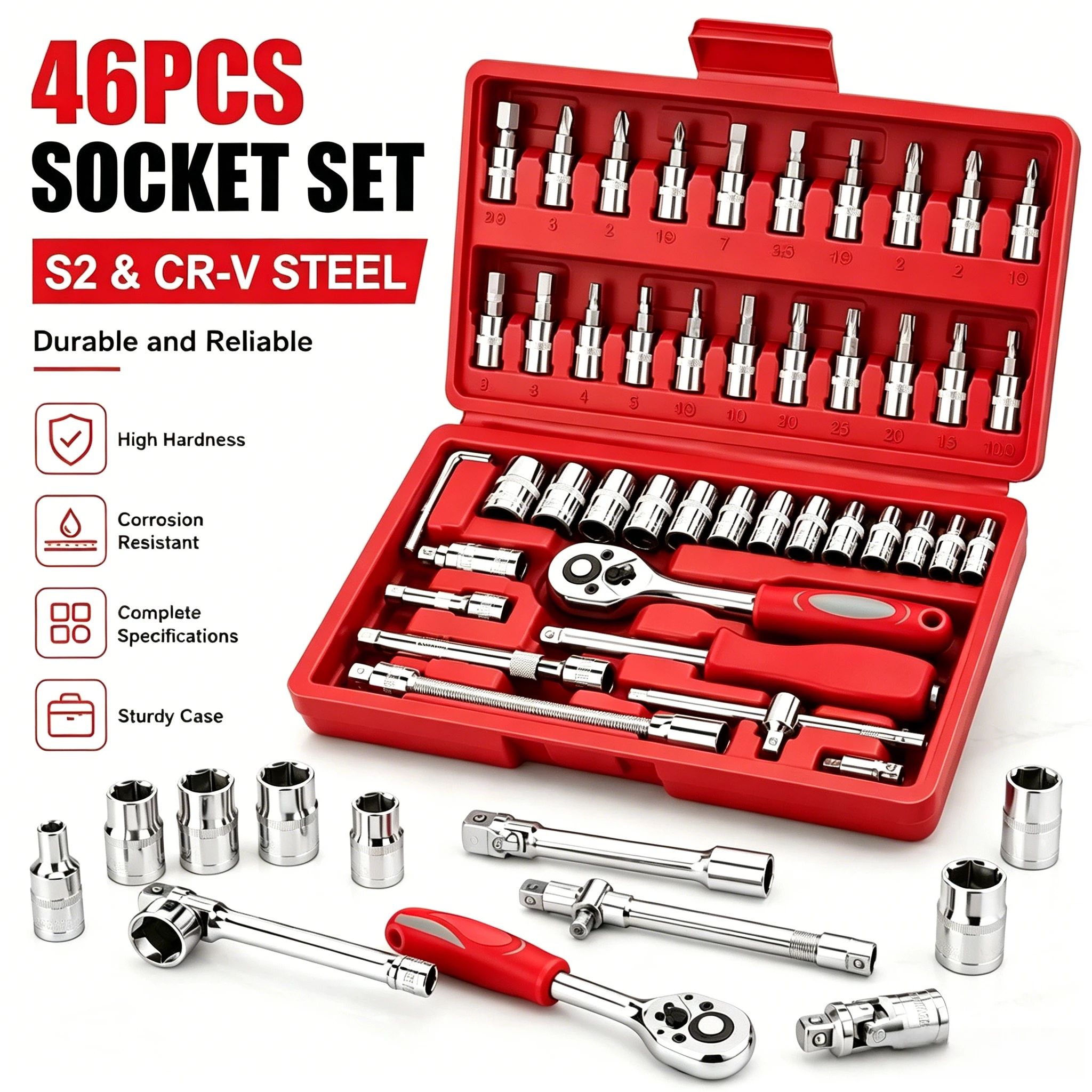 46pc Drive Socket Set 1/4 inch Ratchet Wrench Set with Sockets Metric Hex Bit Socket Set Mechanic Tool Kits for Auto Repair Hous