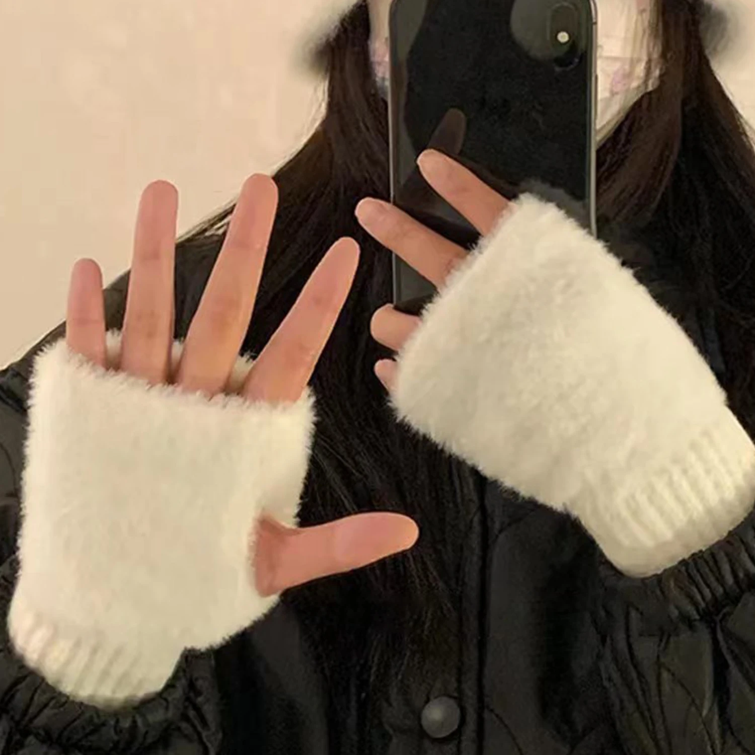 

1 Pair New Solid Color Plush Gloves Women In Autumn And Winter Warmth Luxury Faux Mink Knitted Open Finger Half Finger Gloves