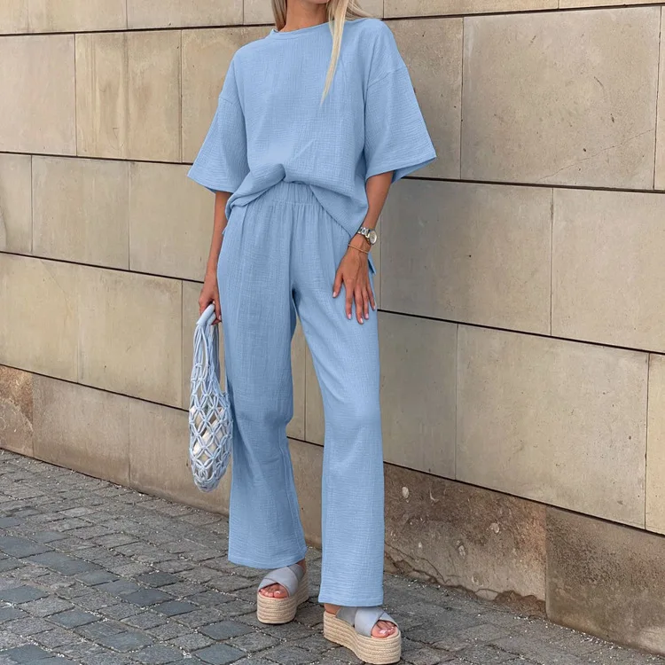 

2026 Fashion Blue Cotton Woman 2 Piece Set Outfit Elegant O-Neck Half Sleeve Simple Blouses And High Waist Straight Pants Sets