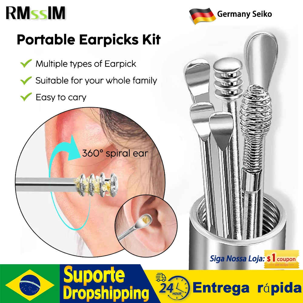Conjunto de limpeza de ouvido earpick removedor de cera de ouvido colher curette limpeza de ouvido espiral earpick fácil remoção de cera de ouvido kit de limpeza de ouvido gadget