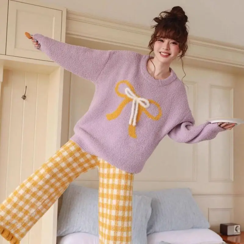 

Women's pajamas Comfortable Sleepwear Cotton Pajama Set winter autumn Plush Knit Lazy Cute Thick Warm Wearable Home Suit