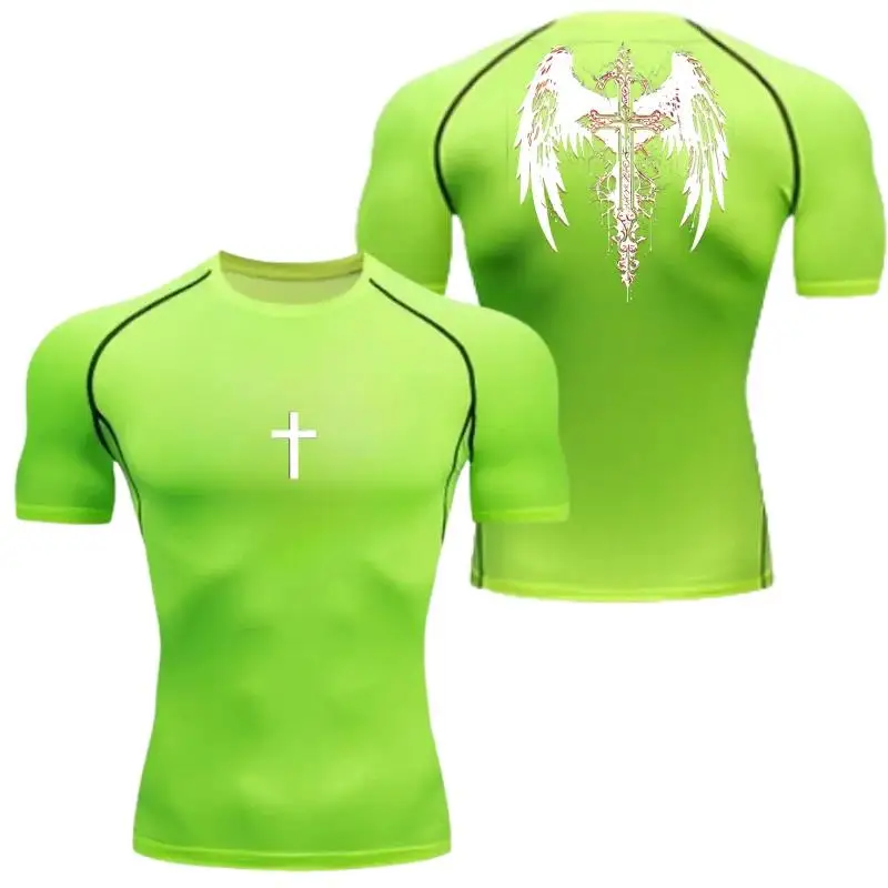 Men's Cross Wing Print Compression T-Shirt Quick Dry Muscle Athletic for Workout Training Bodybuilding Running Fitness Sports