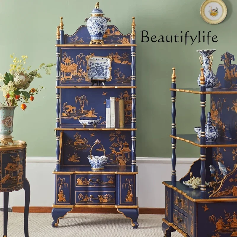 

X35 Bookshelf Solid Wood Hand-painted Display Cabinet Vintage Storage Shelf Classic Luxury Display Shelf Blue