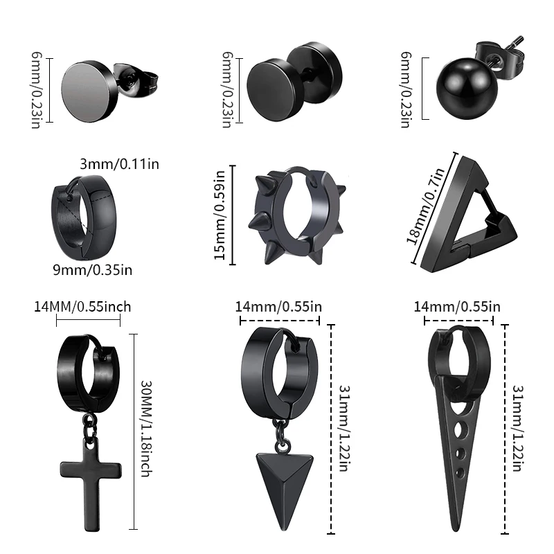 1/9 أزواج للجنسين الفولاذ المقاوم للصدأ الشرير رجل أسود إسقاط أقراط الهندسة مثلث ستار الصليب الحب ريشة حفلة متعددة القوطية #6