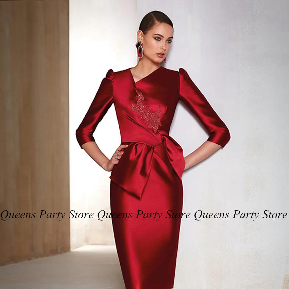 Burgundy Mother of The Bride Dress 3/4 Sleeves Small V Neck Applique Bow Knee Length Short Party Gown Wedding Guest Dresses