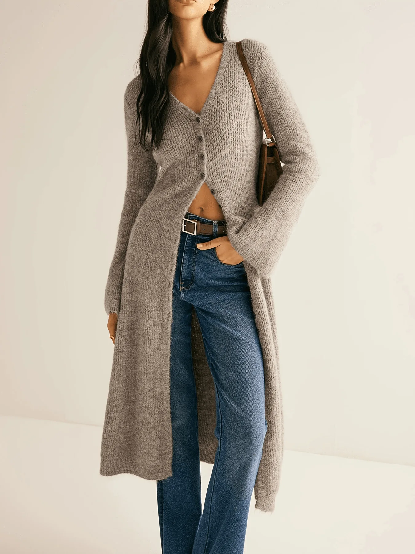 

Elegant Women's Knitted Long Cardigan Top Flare Sleeve V Neck Sweaters Slim Fit Lady Sweater Coat Vintage Fashion Outerwear