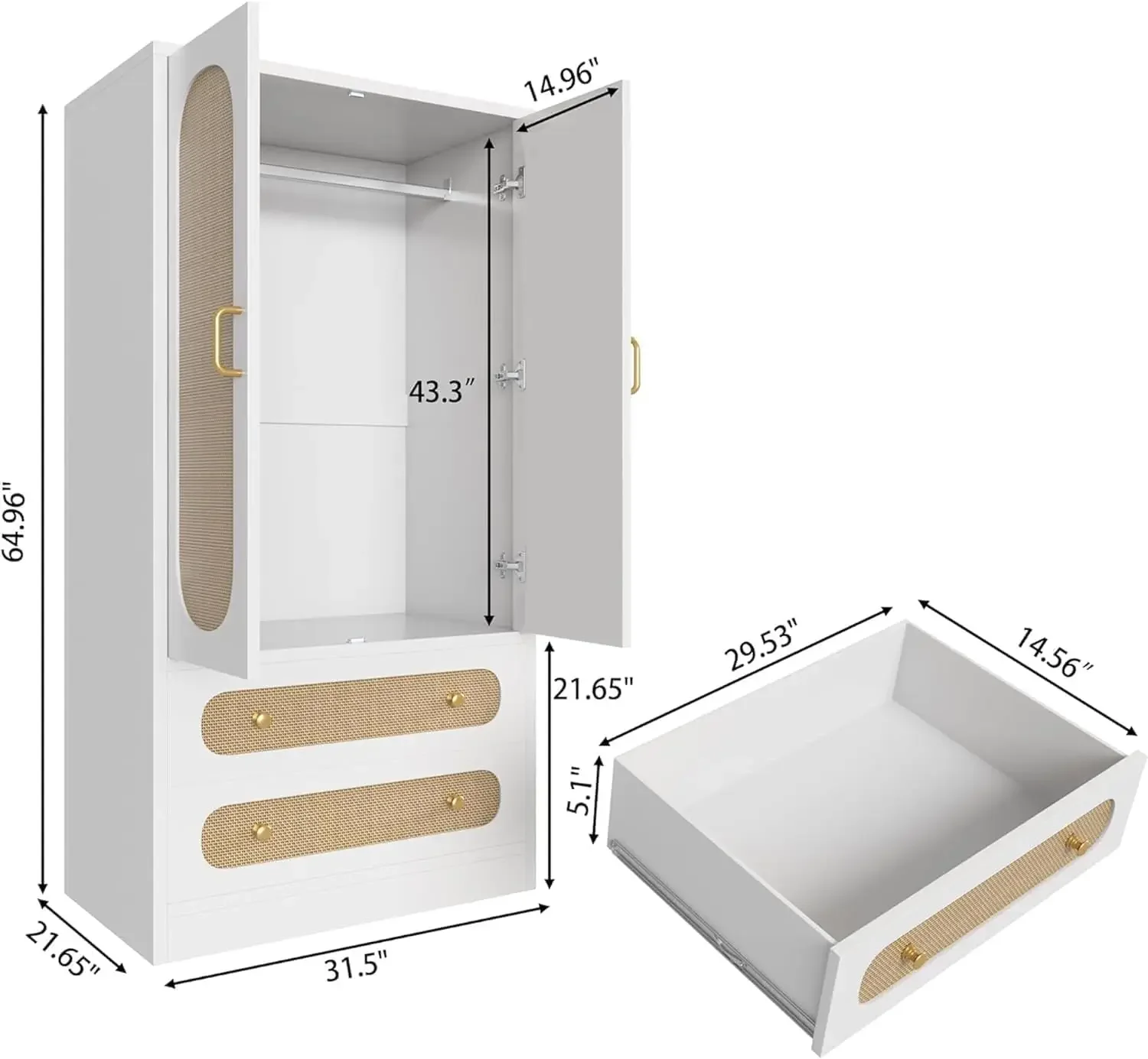 Wardrobe Closet Set of 2, Large Closet Organizer System with 2 Drawers & Hanging Rods, Rattan Freestanding Wardrobe Cabinet with