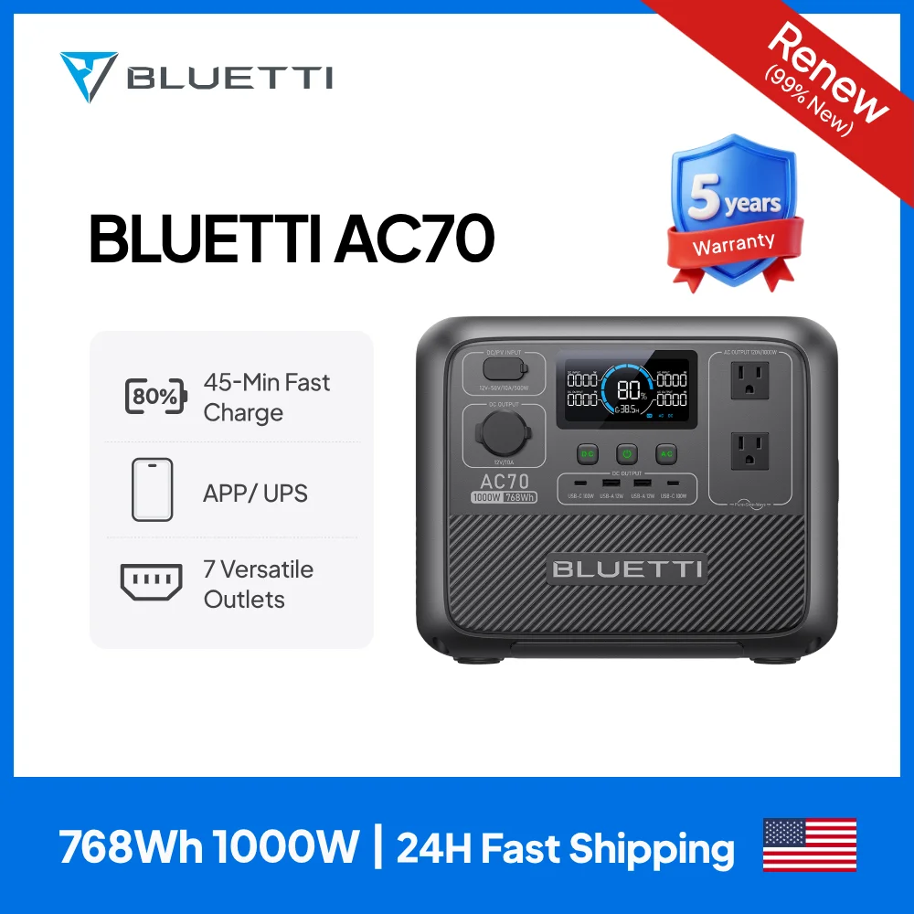 

BLUETTI AC70 1000W 768Wh Portable Power Station Solar Generator for Off-Grid Living Outdoor Activities Power Bank
